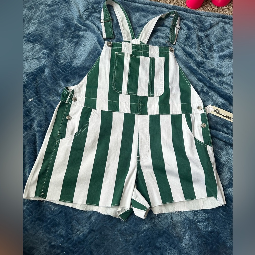 Green and White Striped Womens Short Overalls -